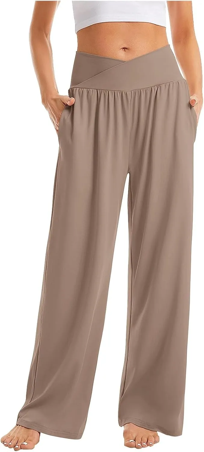 Wide Leg Yoga Pants for Women Tummy Control V Waist Yoga Pants Casual Flowy Palazzo Pants with Pockets Pajama Pants