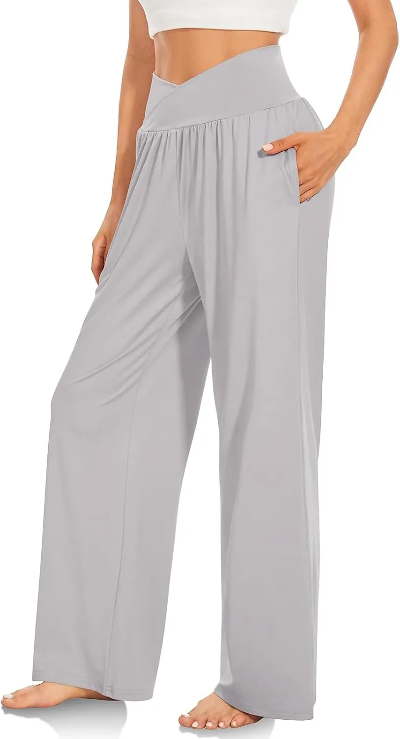 Wide Leg Yoga Pants for Women Tummy Control V Waist Yoga Pants Casual Flowy Palazzo Pants with Pockets Pajama Pants