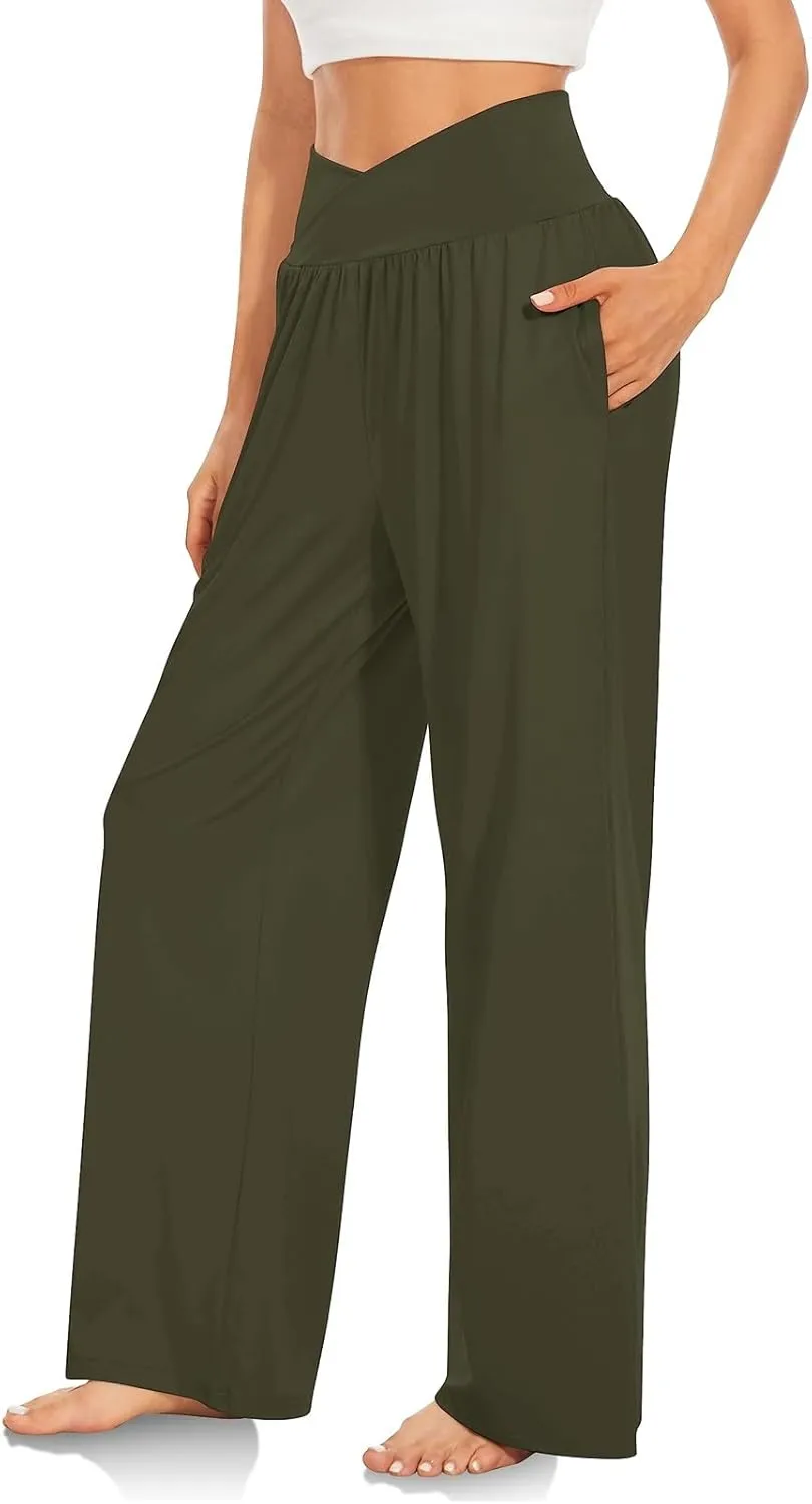 Wide Leg Yoga Pants for Women Tummy Control V Waist Yoga Pants Casual Flowy Palazzo Pants with Pockets Pajama Pants