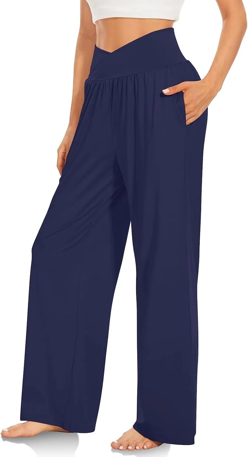 Wide Leg Yoga Pants for Women Tummy Control V Waist Yoga Pants Casual Flowy Palazzo Pants with Pockets Pajama Pants