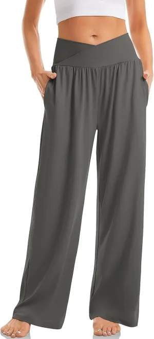 Wide Leg Yoga Pants for Women Tummy Control V Waist Yoga Pants Casual Flowy Palazzo Pants with Pockets Pajama Pants