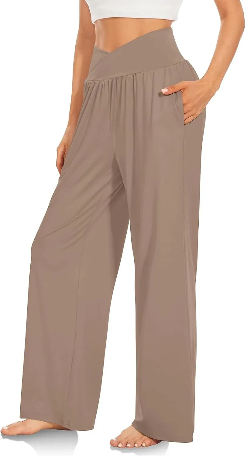 Wide Leg Yoga Pants for Women Tummy Control V Waist Yoga Pants Casual Flowy Palazzo Pants with Pockets Pajama Pants