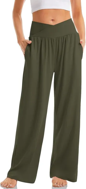Wide Leg Yoga Pants for Women Tummy Control V Waist Yoga Pants Casual Flowy Palazzo Pants with Pockets Pajama Pants
