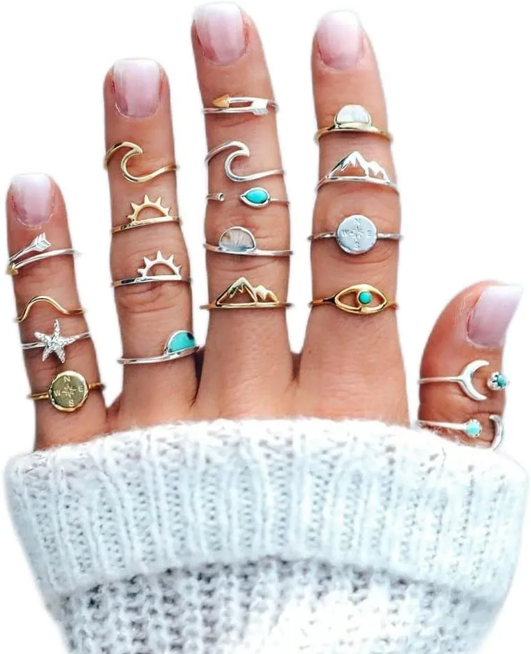 Wiwpar Boho 19 PCS Vintage Knuckle Rings Set Stackable Statement Finger Rings Midi Rings for Women Bohemian Hollow Carved Flowers Gold Silver Rings Crystal Joint Finger Knuckle Rings (Style8)