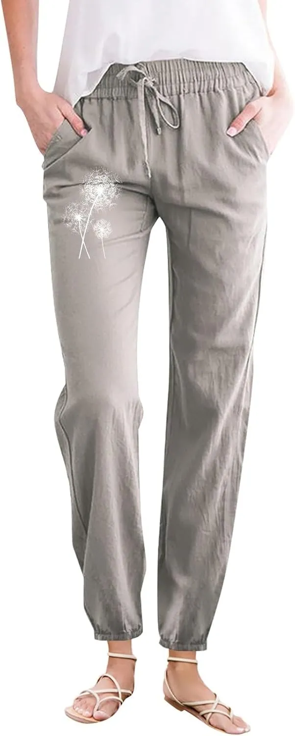 Woman Pants Casual Summer Drawstring High Waist Straight Leg Pants Casual Dressy Work Vacation Beach Trousers with Pockets