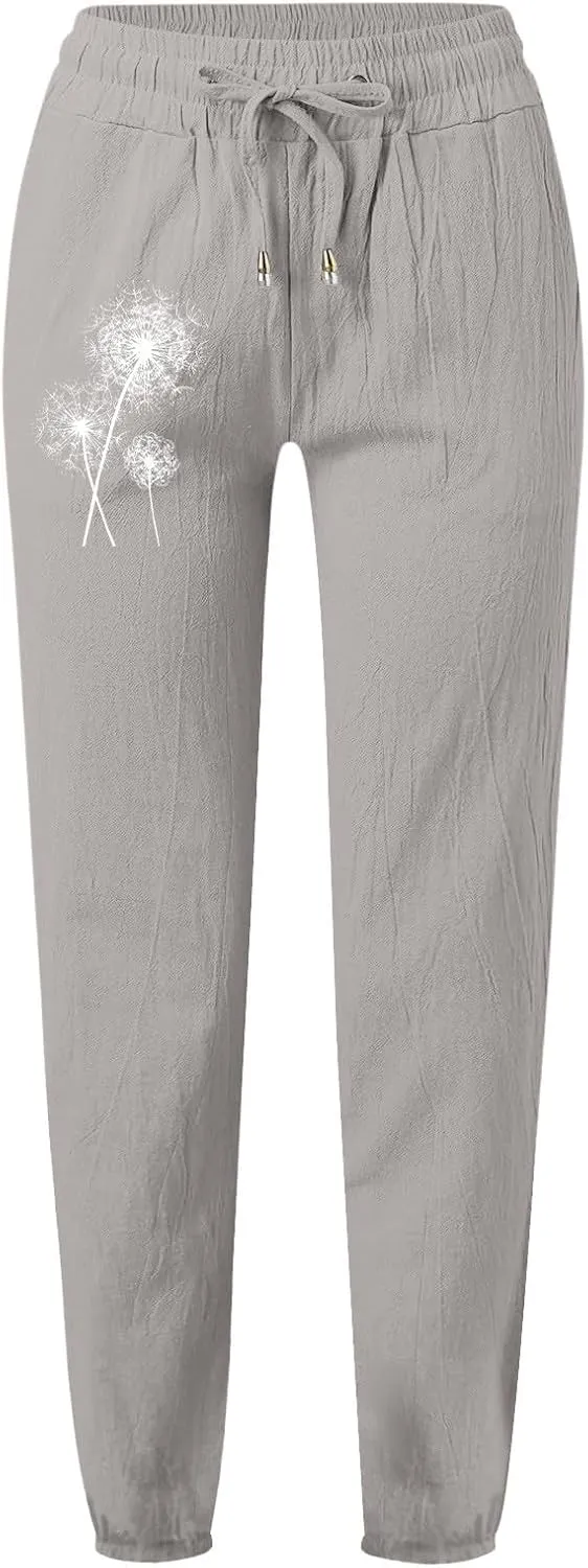 Woman Pants Casual Summer Drawstring High Waist Straight Leg Pants Casual Dressy Work Vacation Beach Trousers with Pockets