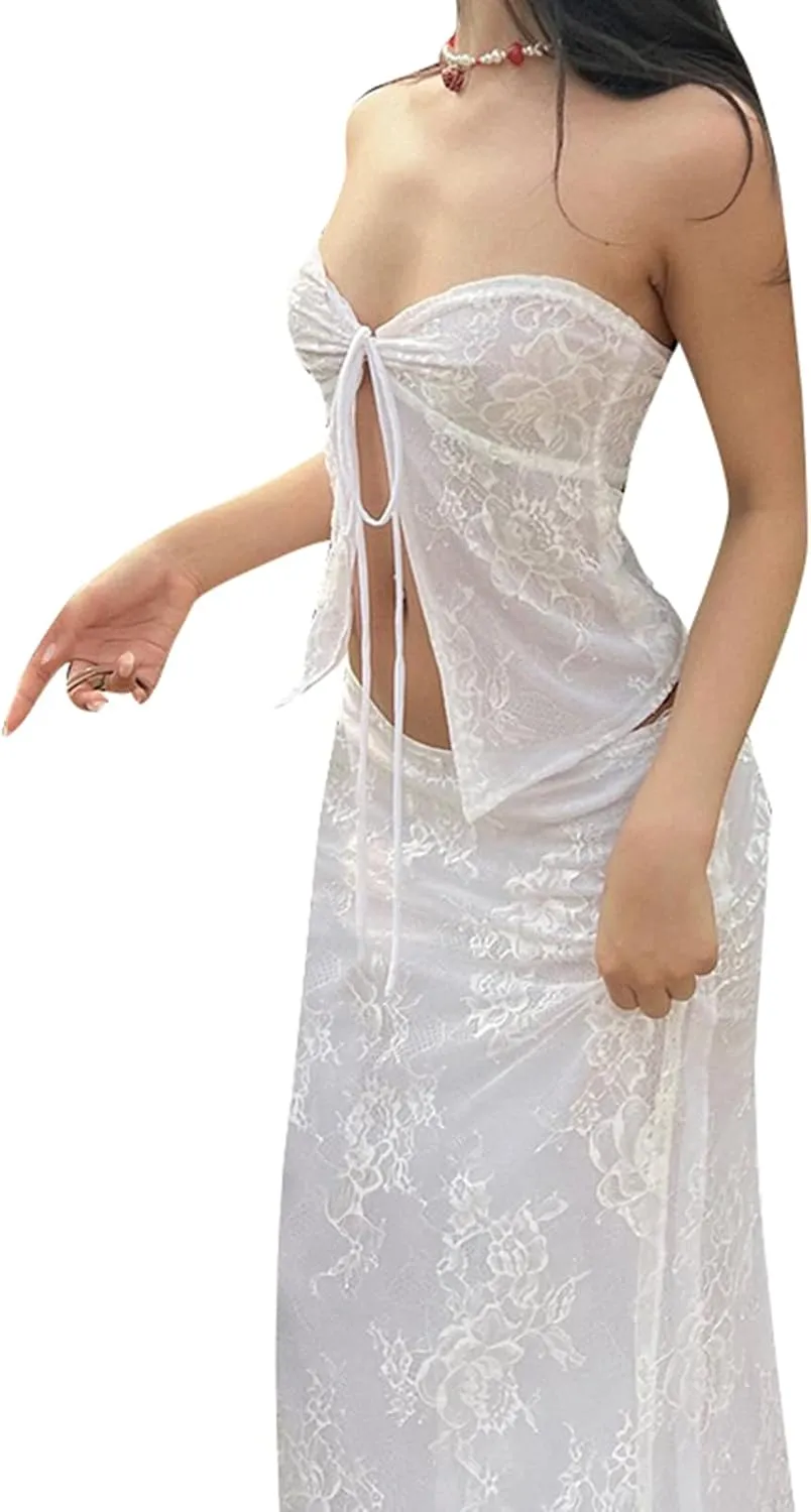 Women 2 Piece Maxi Skirt Set Strapless Tie Up Crop Top Bodycon Long Skirt Summer Y2k 2 Piece Outfit