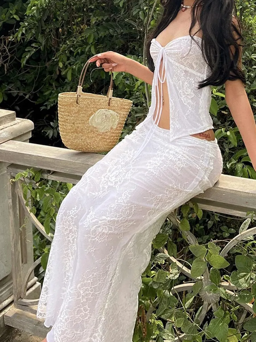 Women 2 Piece Maxi Skirt Set Strapless Tie Up Crop Top Bodycon Long Skirt Summer Y2k 2 Piece Outfit