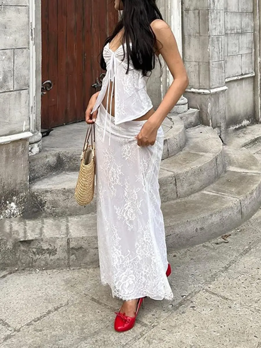 Women 2 Piece Maxi Skirt Set Strapless Tie Up Crop Top Bodycon Long Skirt Summer Y2k 2 Piece Outfit