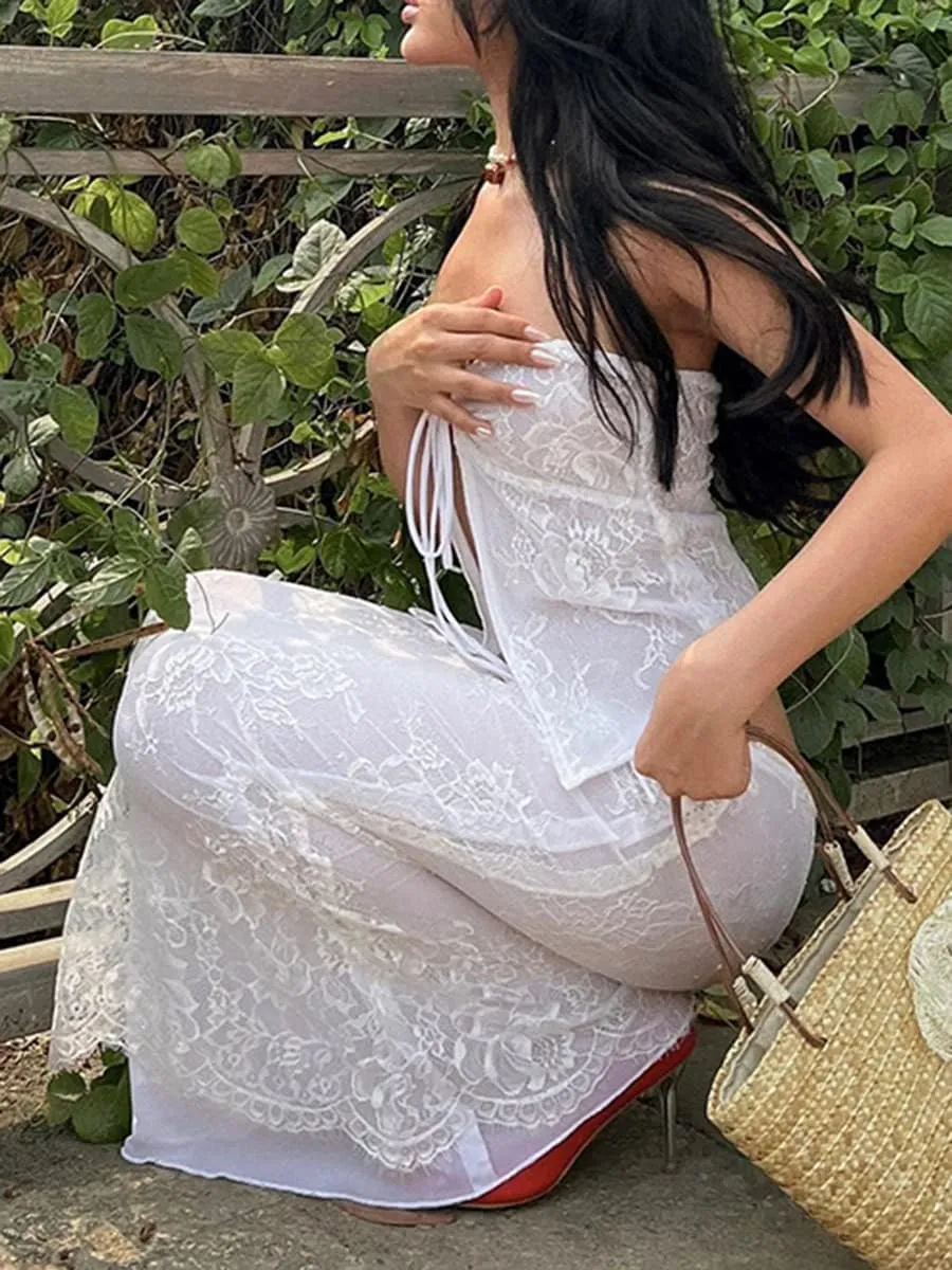 Women 2 Piece Maxi Skirt Set Strapless Tie Up Crop Top Bodycon Long Skirt Summer Y2k 2 Piece Outfit