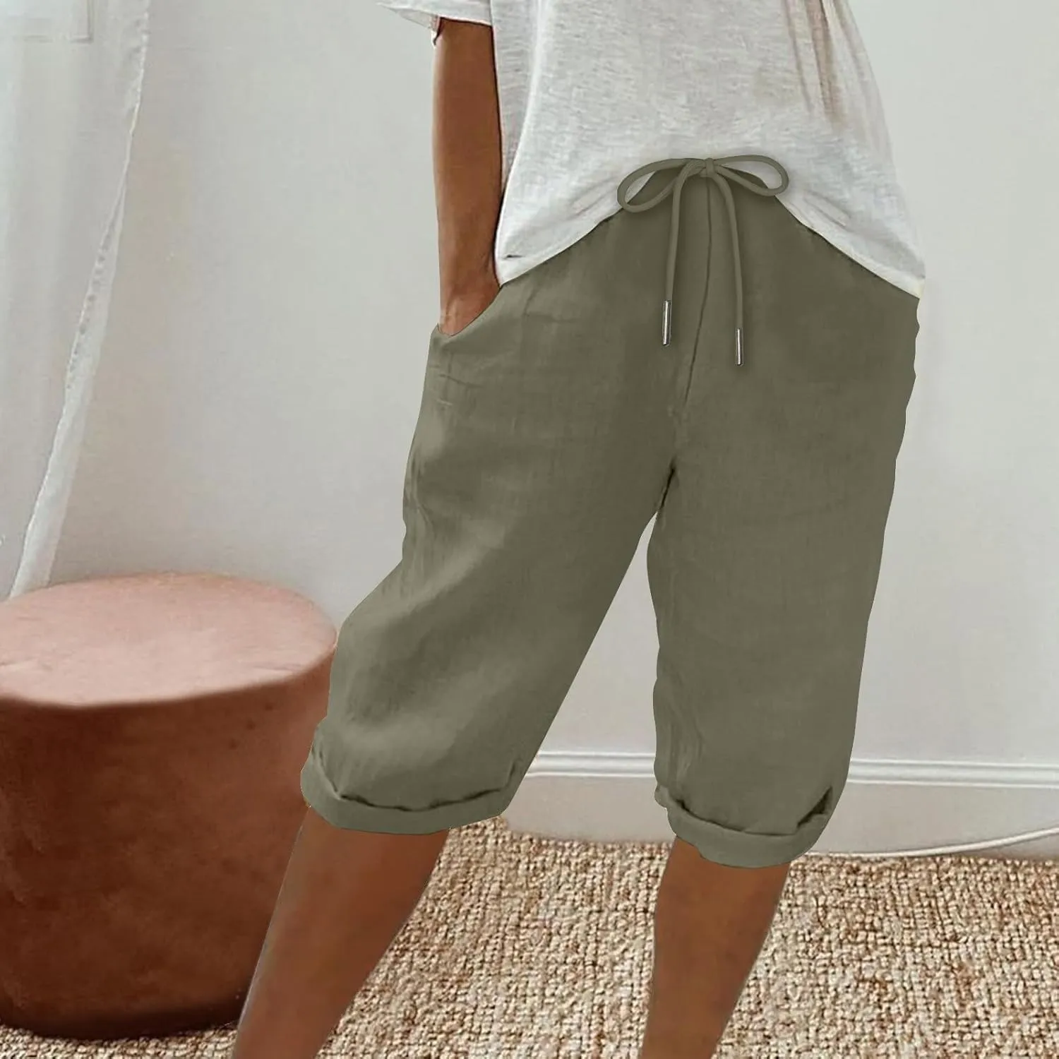 Women Capri Pants Summer Linen Drawstring Elastic Waisted Striped Shorts 2025 Trendy Knee Length Casual Beach Pant
