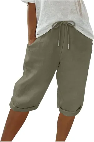 Women Capri Pants Summer Linen Drawstring Elastic Waisted Striped Shorts 2025 Trendy Knee Length Casual Beach Pant
