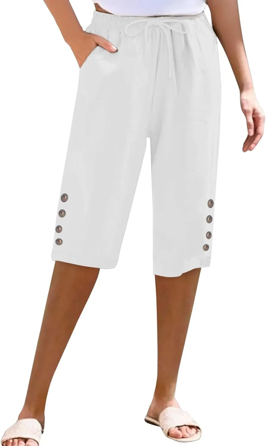 Women Capri Pants Summer Linen Striped Elastic Waisted Shorts Knee Length Casual Loose Petite Lounge Beach Pant