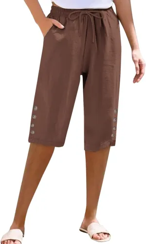 Women Capri Pants Summer Linen Striped Elastic Waisted Shorts Knee Length Casual Loose Petite Lounge Beach Pant