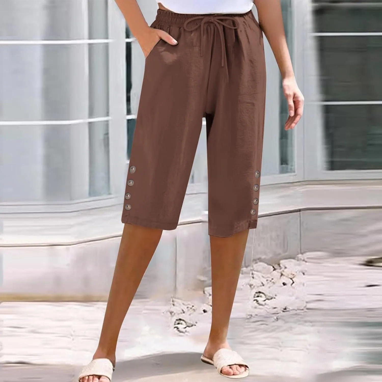 Women Capri Pants Summer Linen Striped Elastic Waisted Shorts Knee Length Casual Loose Petite Lounge Beach Pant