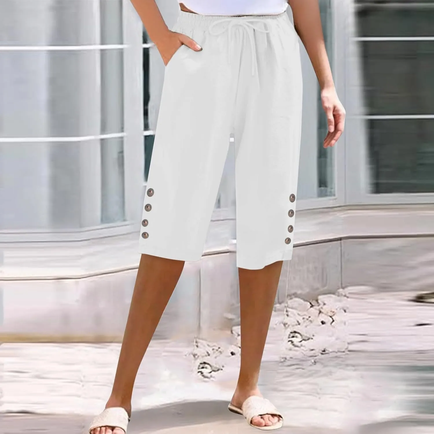 Women Capri Pants Summer Linen Striped Elastic Waisted Shorts Knee Length Casual Loose Petite Lounge Beach Pant