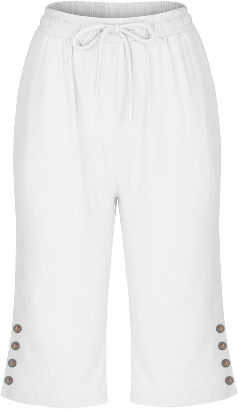 Women Capri Pants Summer Linen Striped Elastic Waisted Shorts Knee Length Casual Loose Petite Lounge Beach Pant