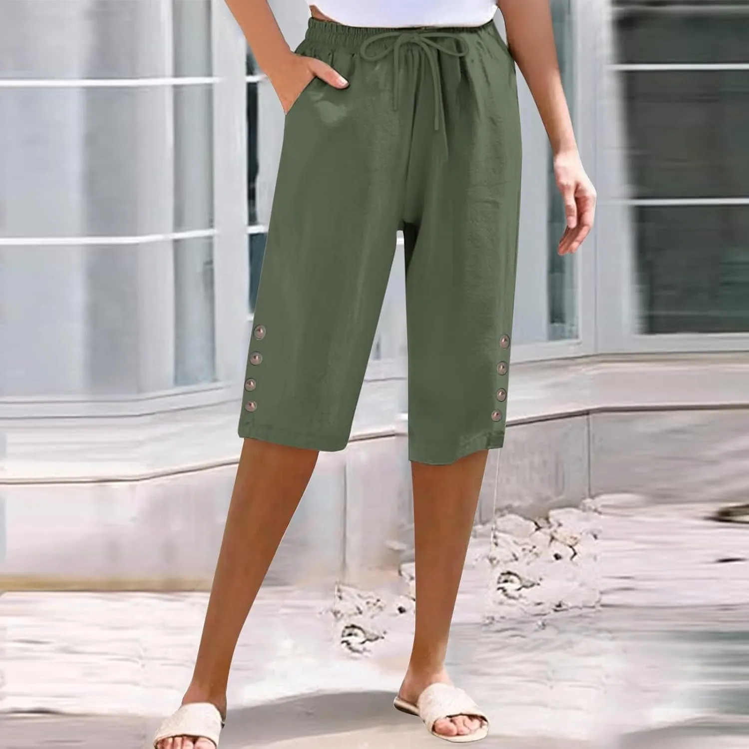 Women Capri Pants Summer Linen Striped Elastic Waisted Shorts Knee Length Casual Loose Petite Lounge Beach Pant