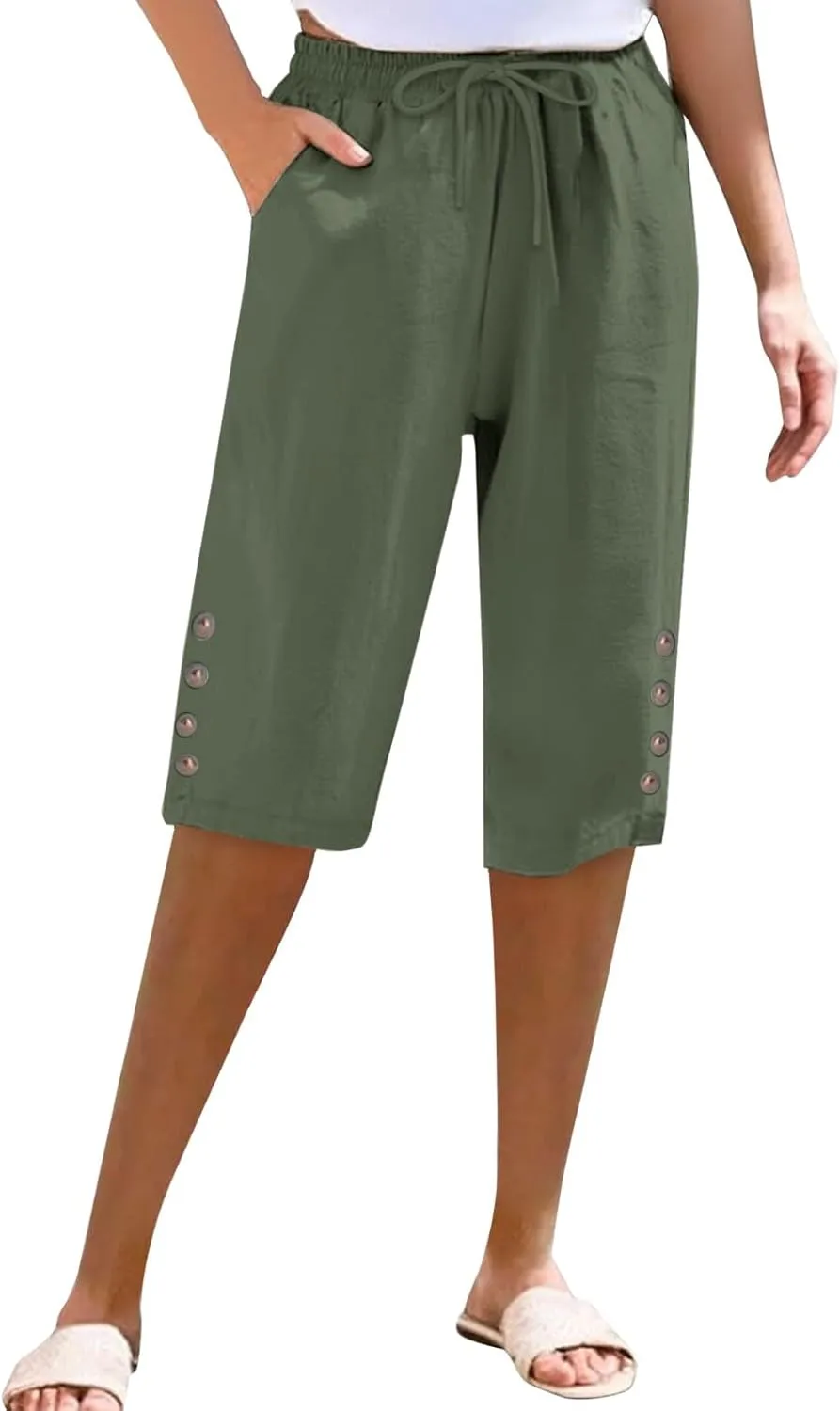 Women Capri Pants Summer Linen Striped Elastic Waisted Shorts Knee Length Casual Loose Petite Lounge Beach Pant