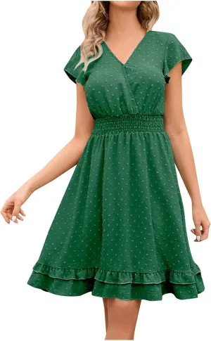 Women Chiffon Summer Flowy Mini Dress Short Sleeve V Neck Swiss Dot Babydoll Dress Causal A Line Ruffle Layer Dress