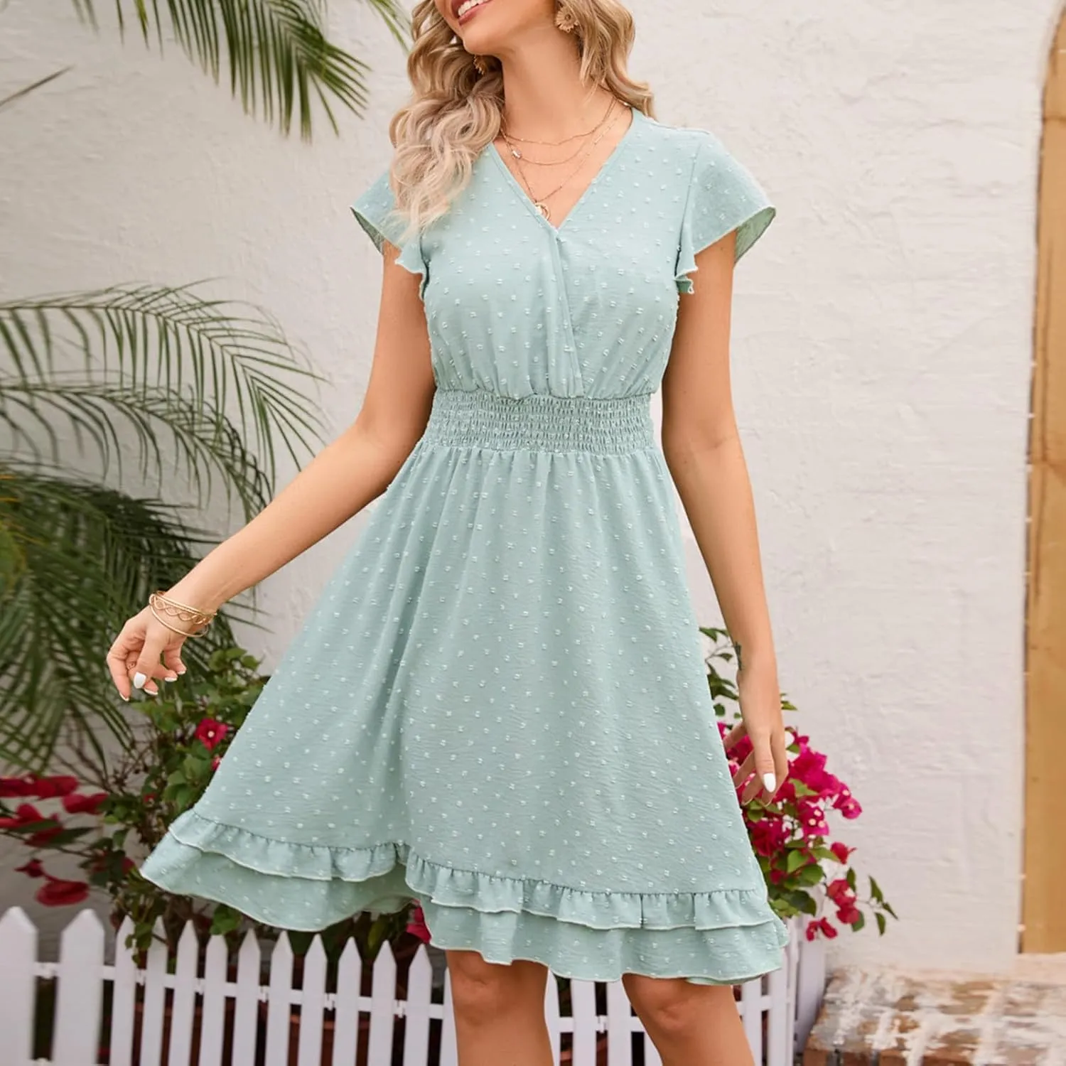 Women Chiffon Summer Flowy Mini Dress Short Sleeve V Neck Swiss Dot Babydoll Dress Causal A Line Ruffle Layer Dress