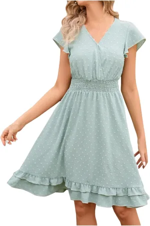 Women Chiffon Summer Flowy Mini Dress Short Sleeve V Neck Swiss Dot Babydoll Dress Causal A Line Ruffle Layer Dress