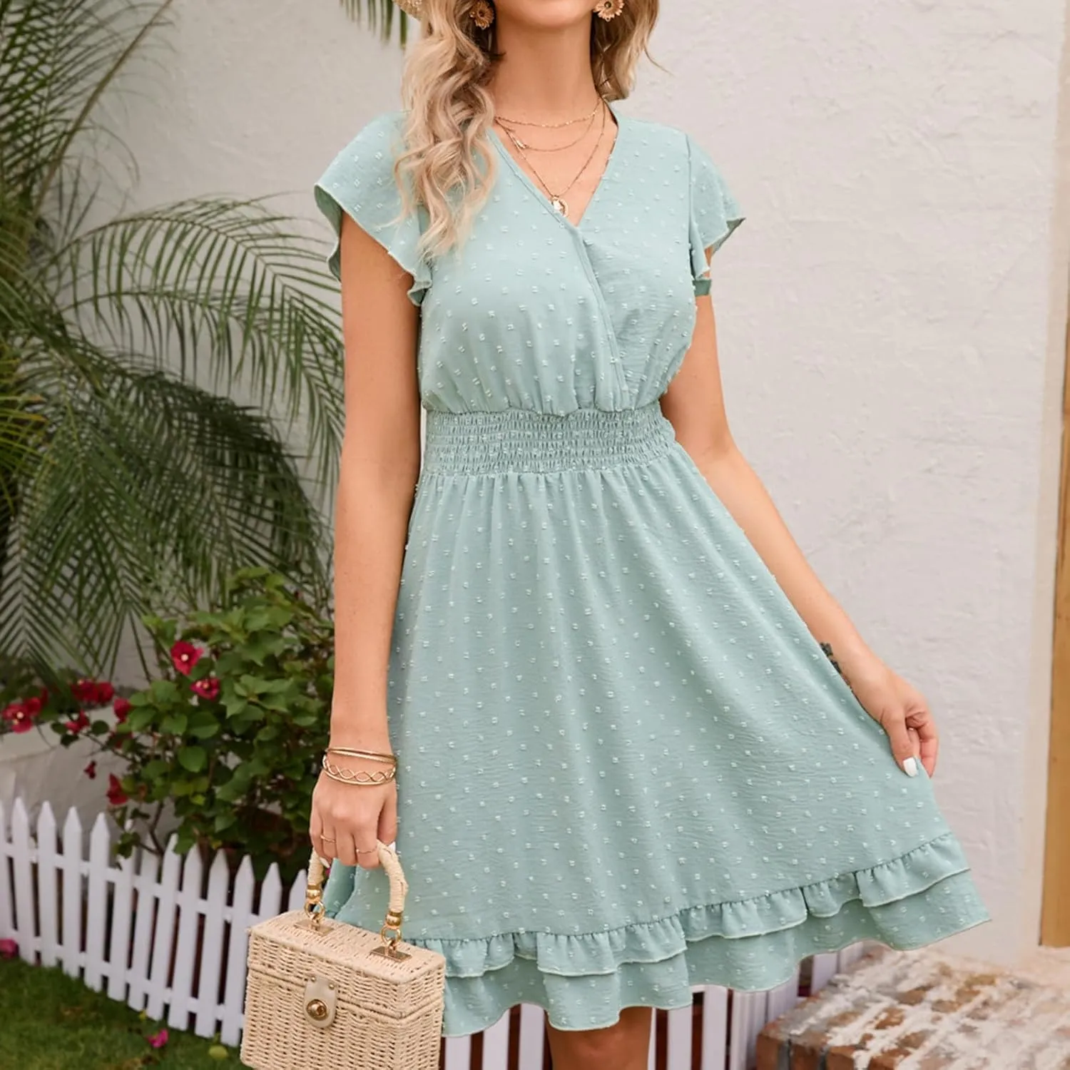 Women Chiffon Summer Flowy Mini Dress Short Sleeve V Neck Swiss Dot Babydoll Dress Causal A Line Ruffle Layer Dress