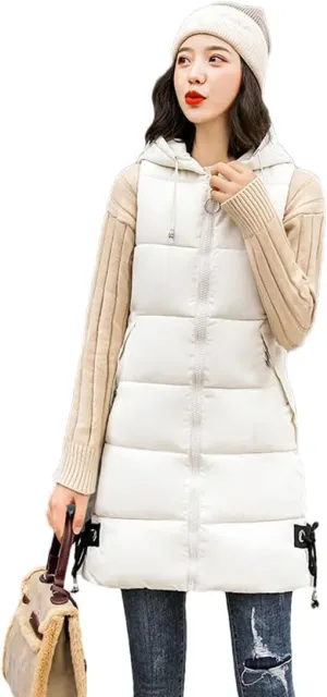 Women Down Cotton Vest Jacket Long Hooded Cotton-Padded Coat Female Waistcoat Padded Puffer Parkas