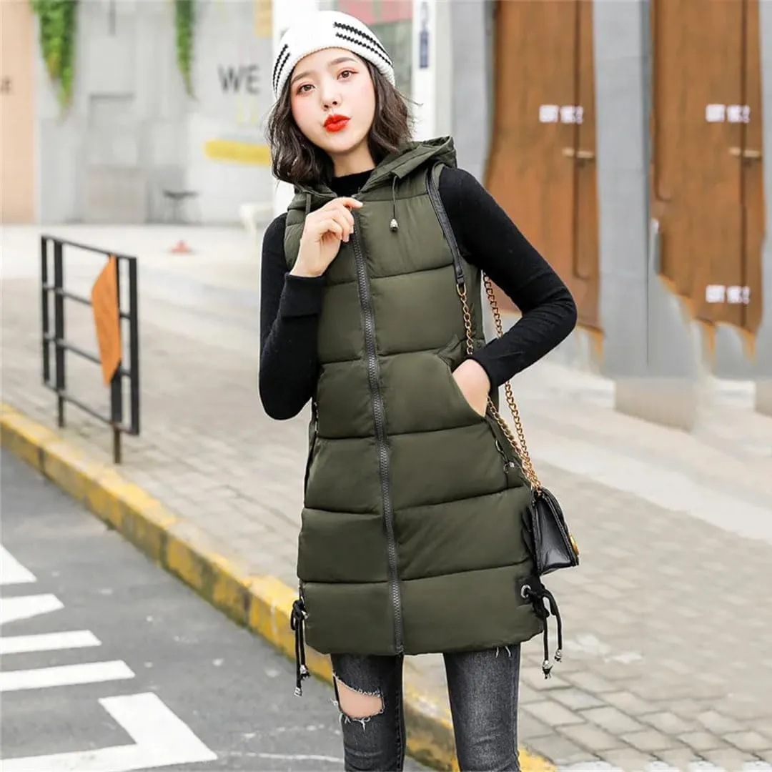 Women Down Cotton Vest Jacket Long Hooded Cotton-Padded Coat Female Waistcoat Padded Puffer Parkas