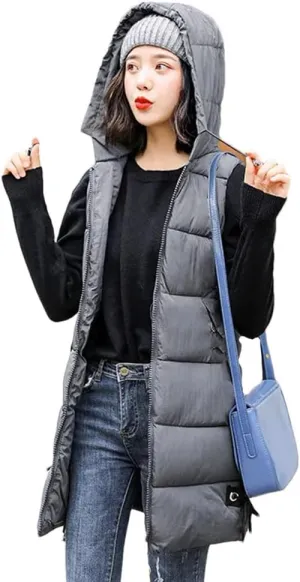 Women Down Cotton Vest Jacket Long Hooded Cotton-Padded Coat Female Waistcoat Padded Puffer Parkas
