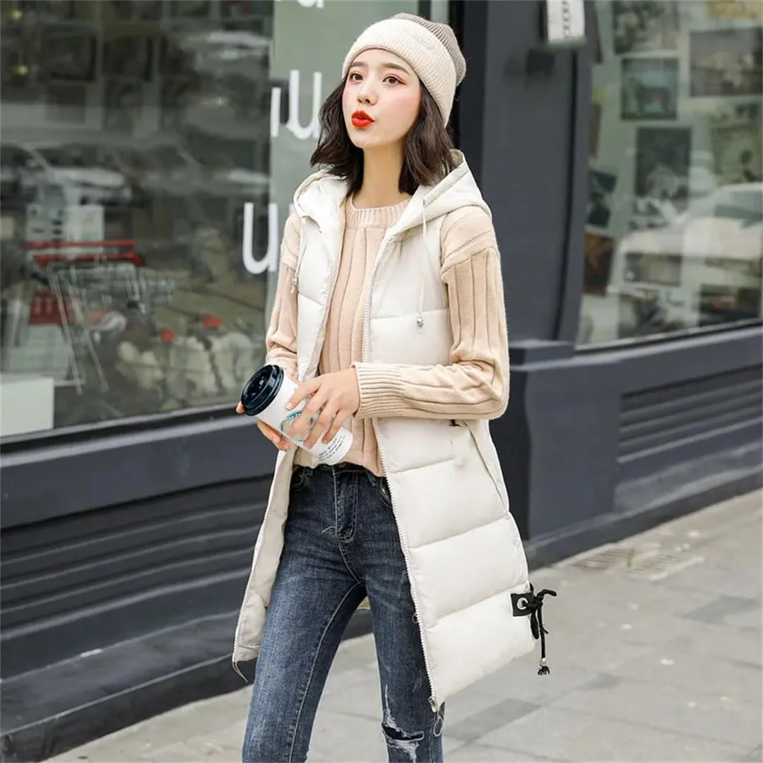 Women Down Cotton Vest Jacket Long Hooded Cotton-Padded Coat Female Waistcoat Padded Puffer Parkas