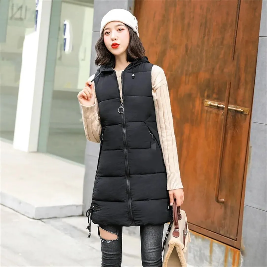 Women Down Cotton Vest Jacket Long Hooded Cotton-Padded Coat Female Waistcoat Padded Puffer Parkas