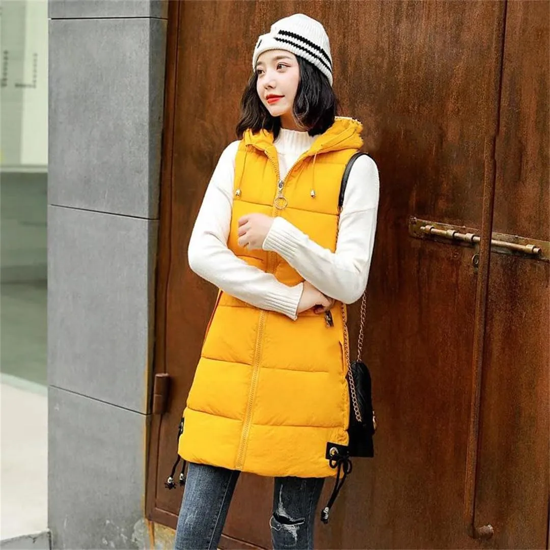 Women Down Cotton Vest Jacket Long Hooded Cotton-Padded Coat Female Waistcoat Padded Puffer Parkas