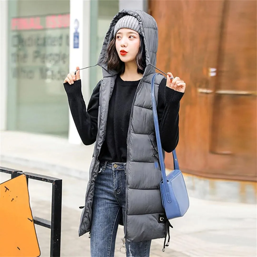 Women Down Cotton Vest Jacket Long Hooded Cotton-Padded Coat Female Waistcoat Padded Puffer Parkas