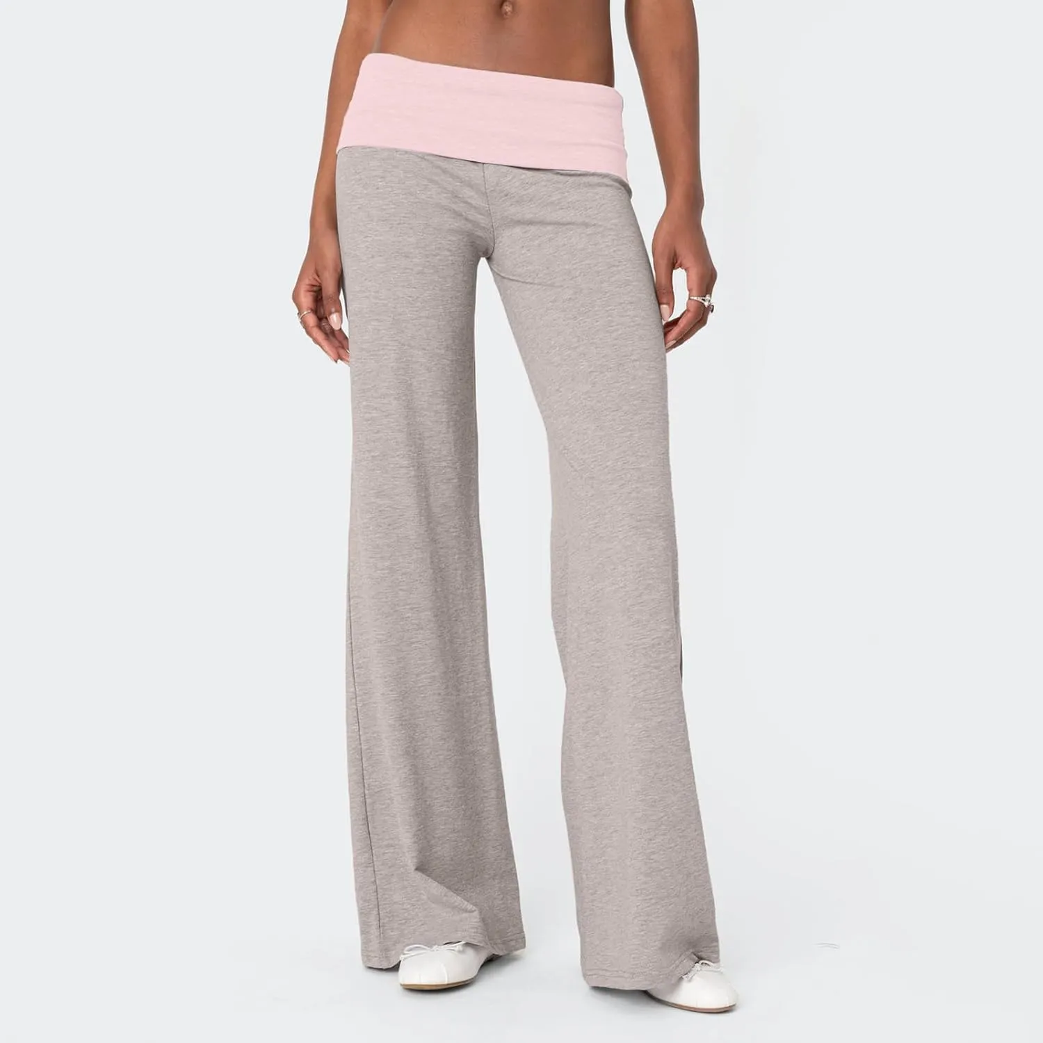 Women Elastic Wide Leg Pants Casual Cute Striped Print Folded Waist Trousers for Work Office Streetwear