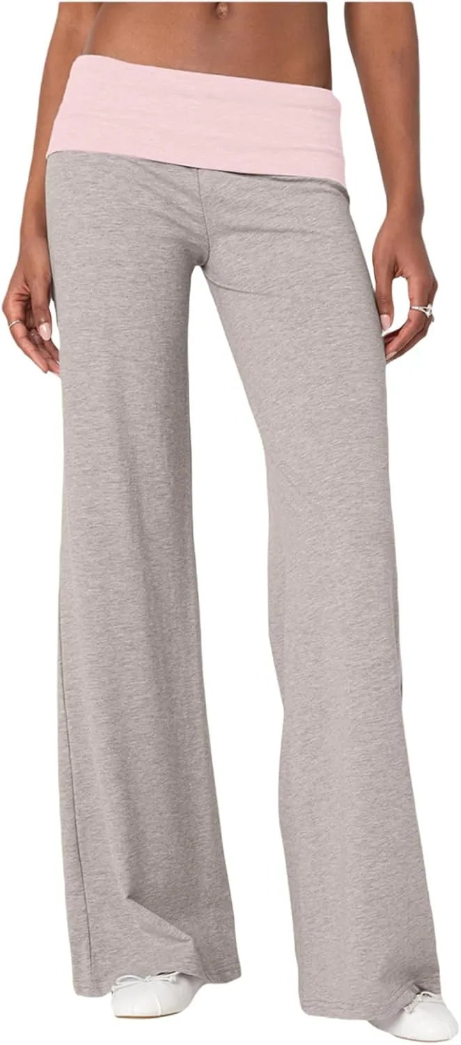 Women Elastic Wide Leg Pants Casual Cute Striped Print Folded Waist Trousers for Work Office Streetwear