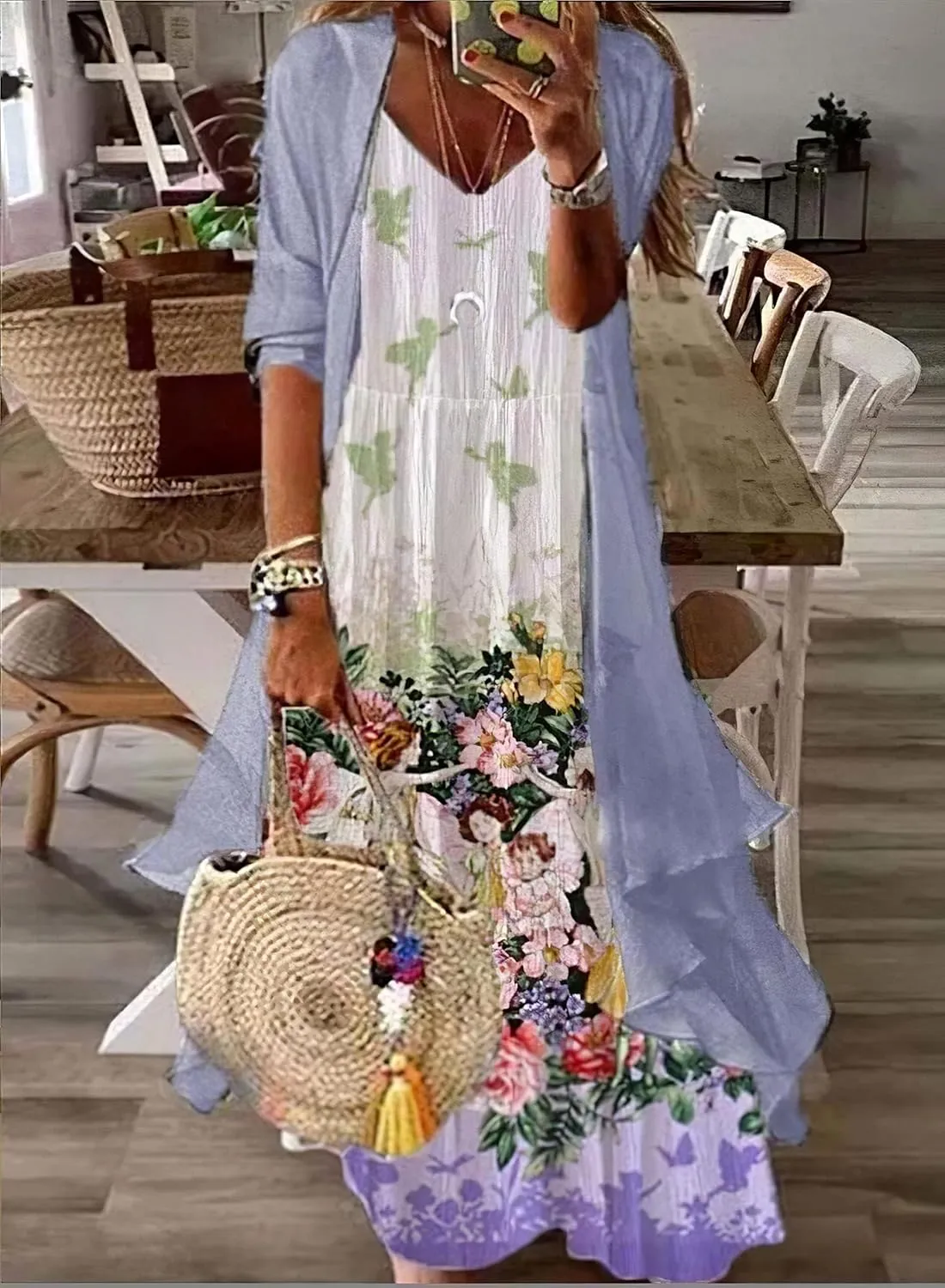 Women Floral Print Maxi Dresses Casual V Neck Flowy Dress with Cardigan Set Dressy Dress Summer Two Piece Sets