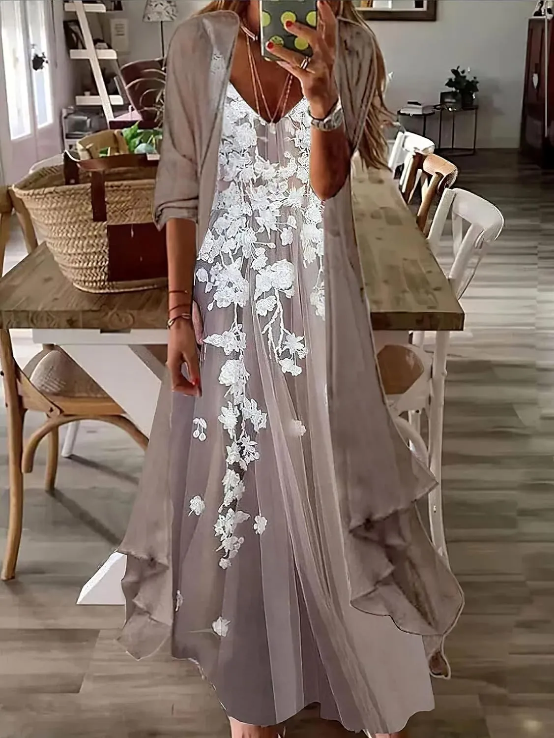 Women Floral Print Maxi Dresses Casual V Neck Flowy Dress with Cardigan Set Dressy Dress Summer Two Piece Sets