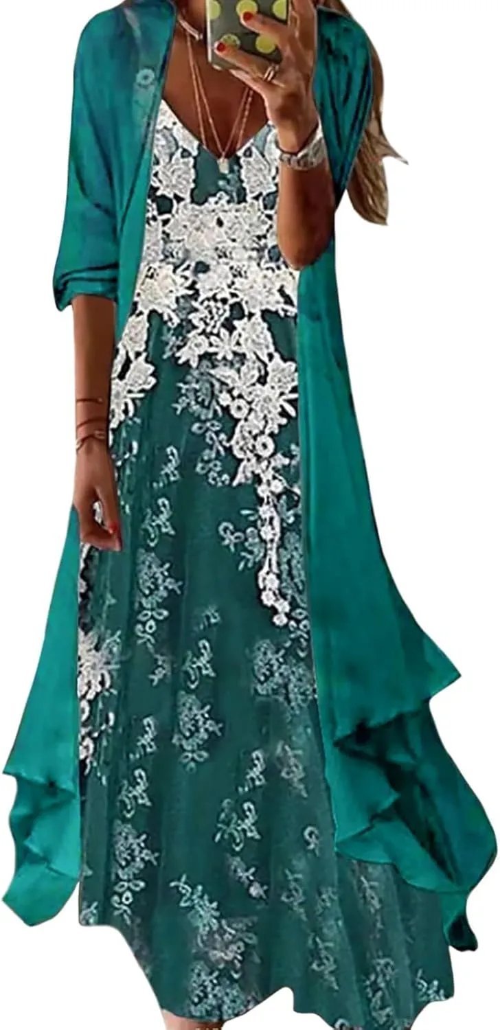 Women Floral Print Maxi Dresses Casual V Neck Flowy Dress with Cardigan Set Dressy Dress Summer Two Piece Sets
