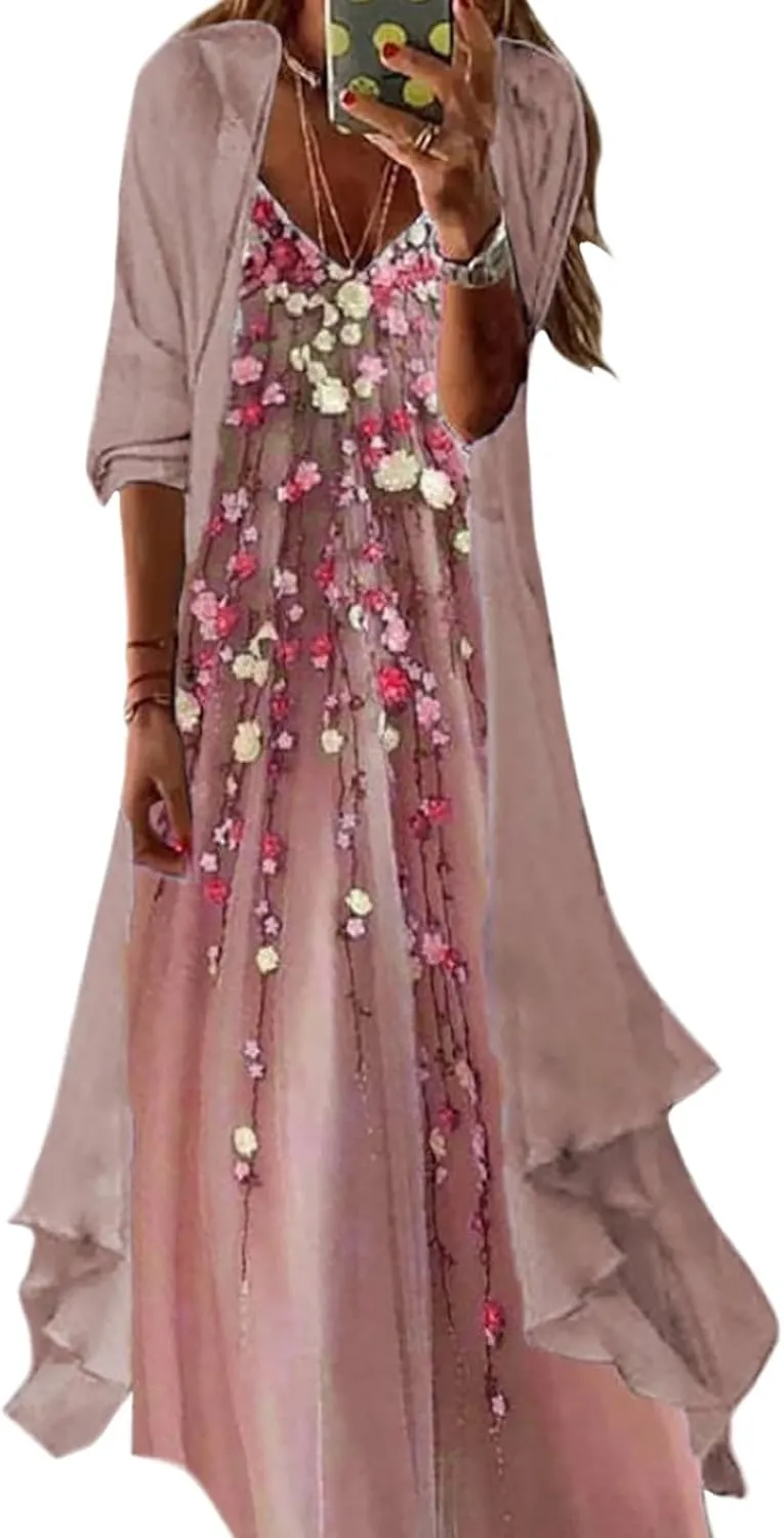 Women Floral Print Maxi Dresses Casual V Neck Flowy Dress with Cardigan Set Dressy Dress Summer Two Piece Sets