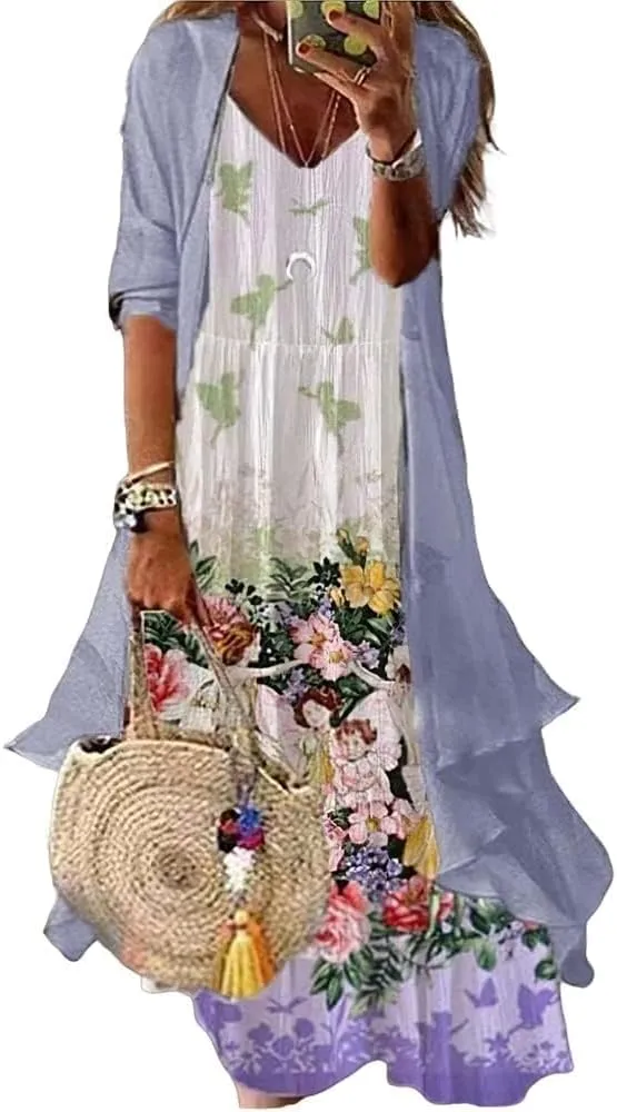 Women Floral Print Maxi Dresses Casual V Neck Flowy Dress with Cardigan Set Dressy Dress Summer Two Piece Sets