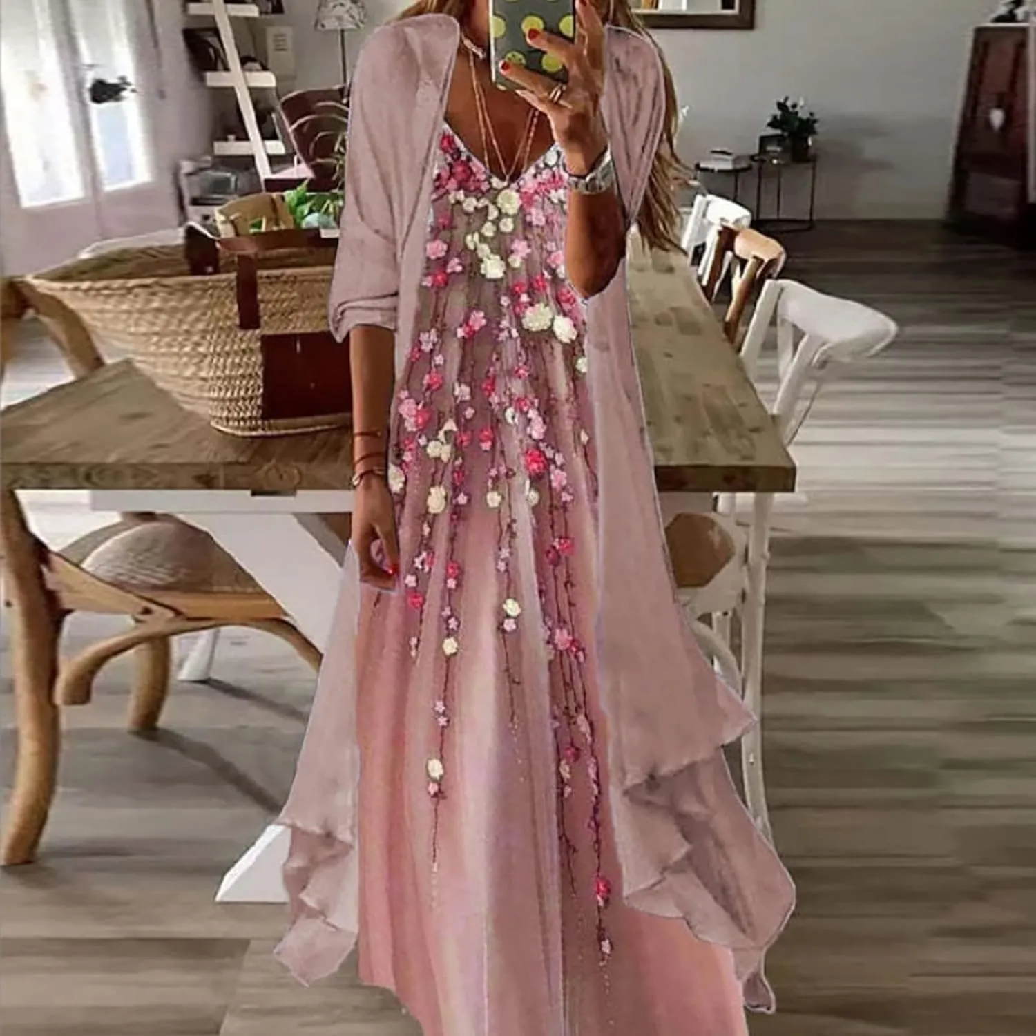 Women Floral Print Maxi Dresses Casual V Neck Flowy Dress with Cardigan Set Dressy Dress Summer Two Piece Sets