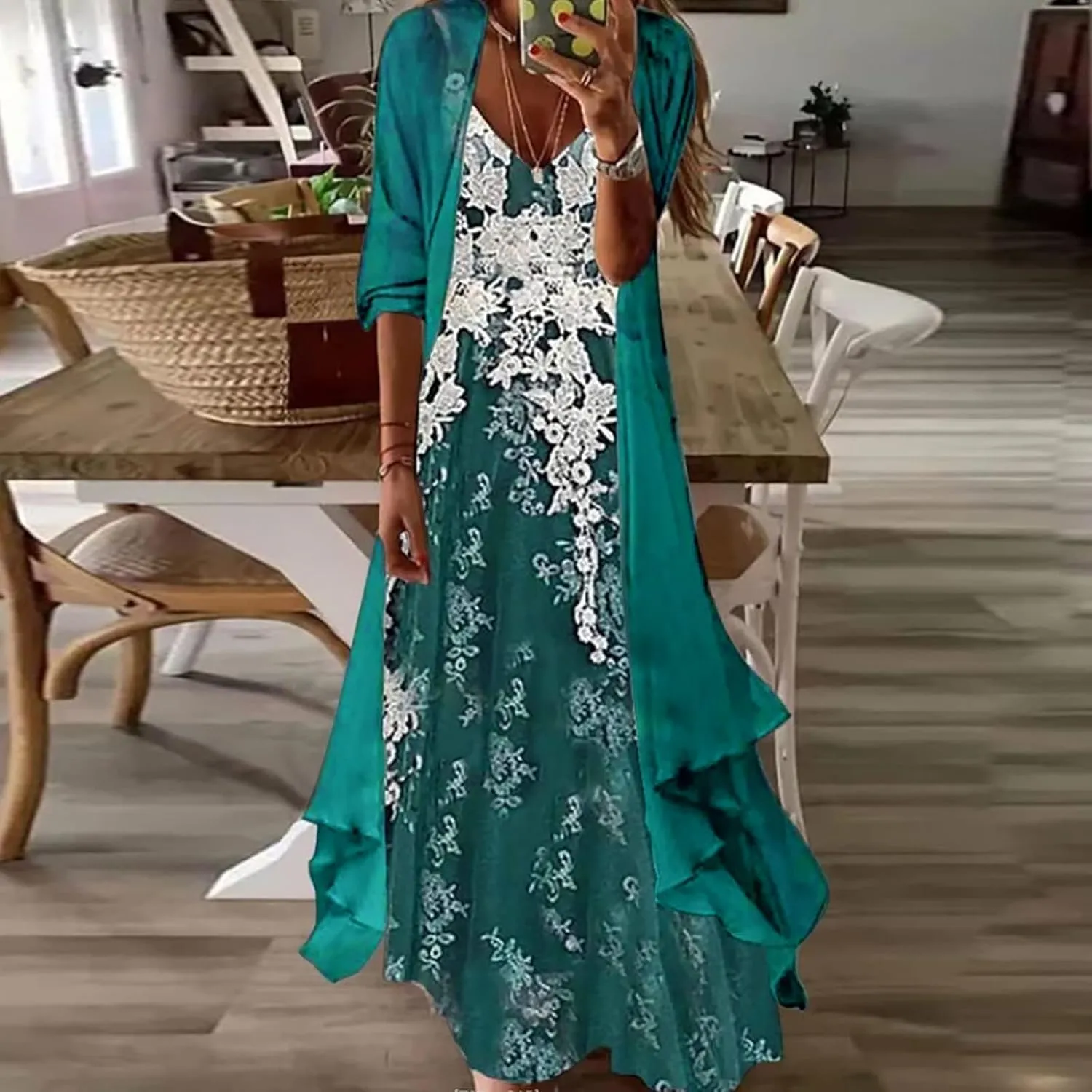 Women Floral Print Maxi Dresses Casual V Neck Flowy Dress with Cardigan Set Dressy Dress Summer Two Piece Sets