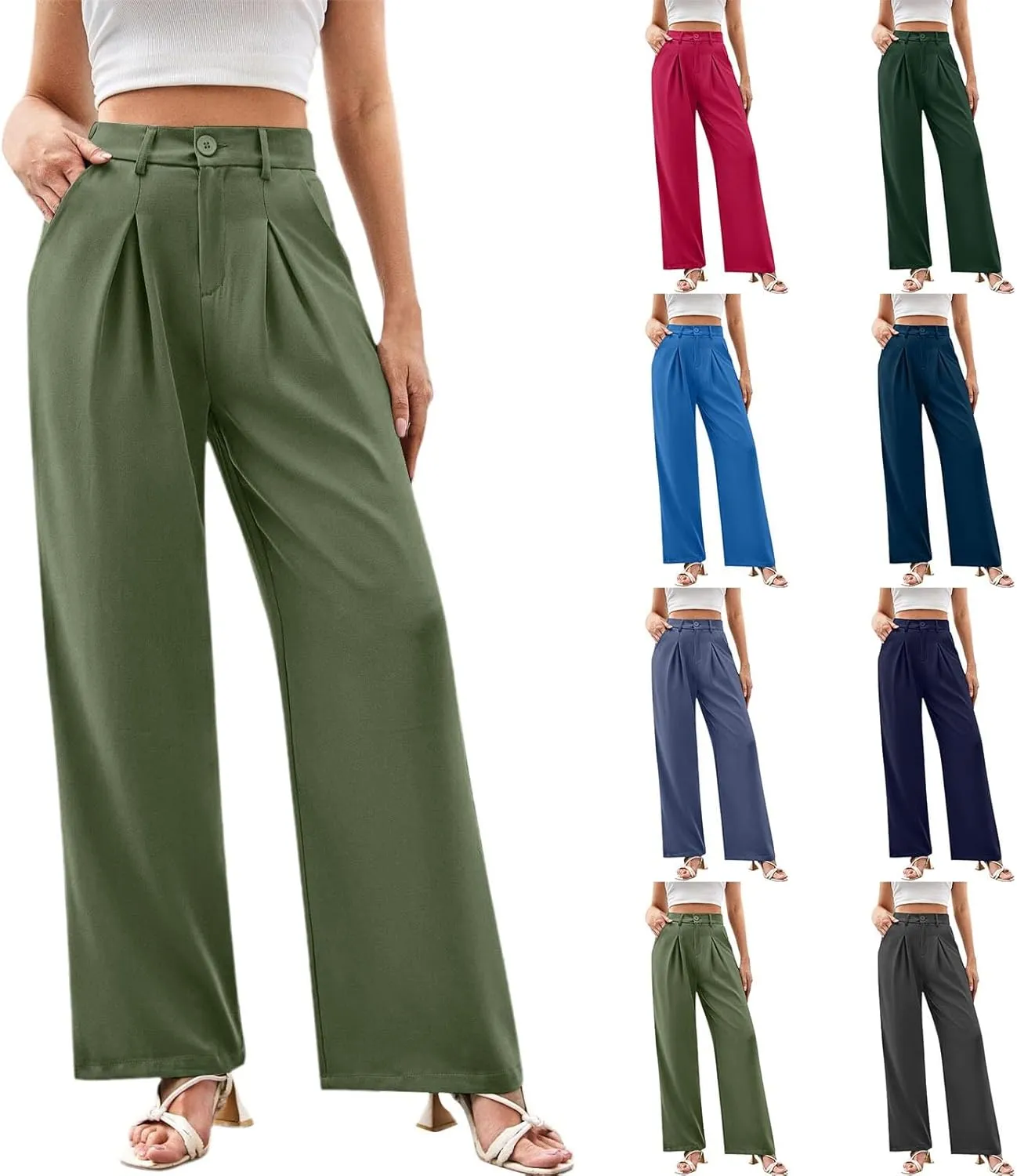 Women High Waist Business Casual Palazzo Trousers Button Down Loose Work Office Business Dress Pants Suit Pant