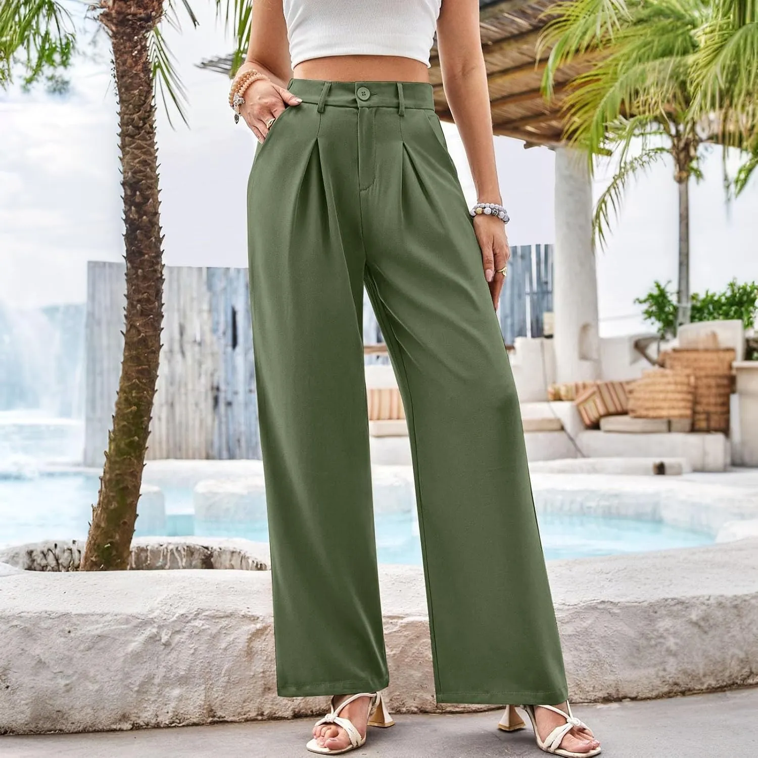 Women High Waist Business Casual Palazzo Trousers Button Down Loose Work Office Business Dress Pants Suit Pant