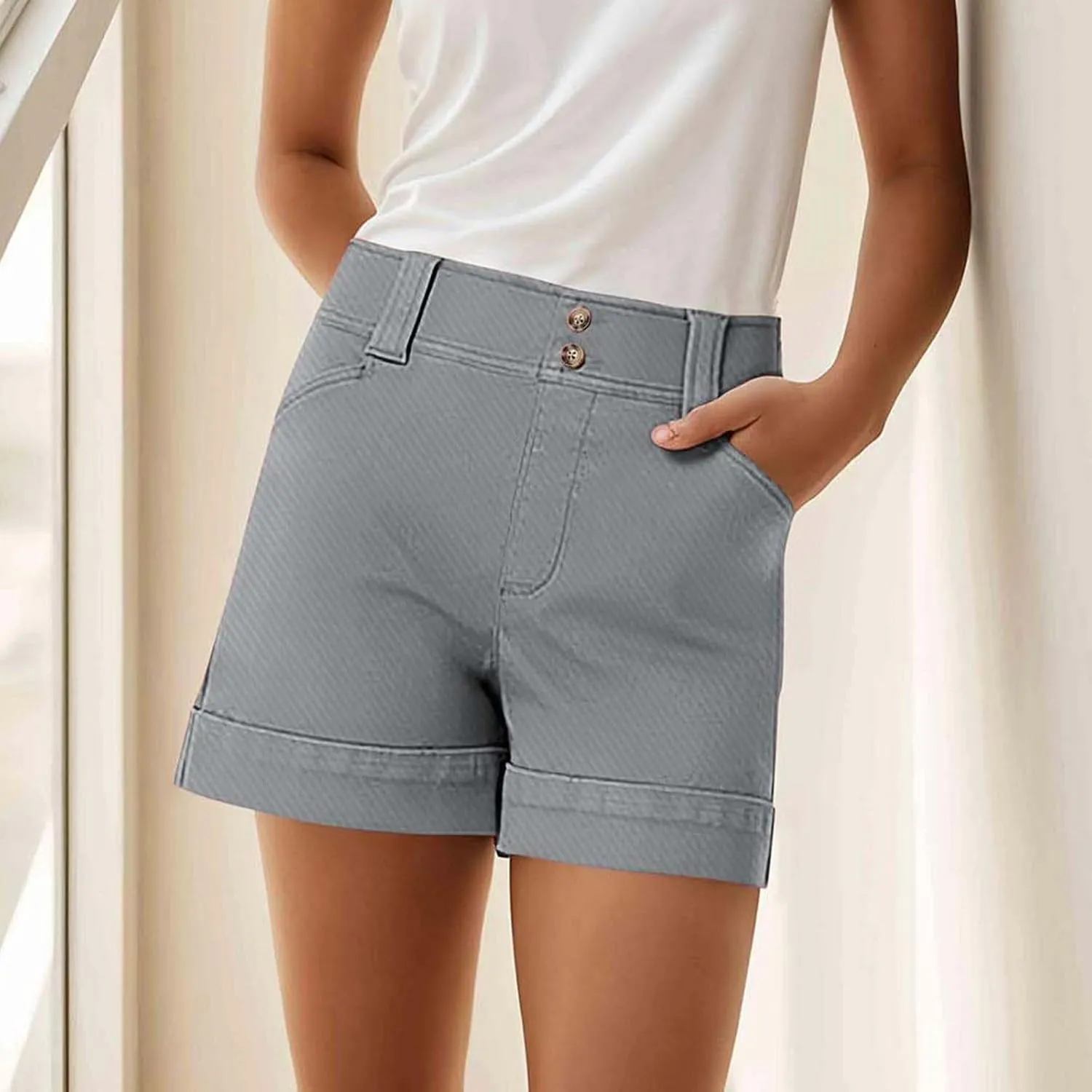 Women High Waisted Jean Shorts Stretchy Twill Denim Short for Women Folded Hem Chino Shorts Summer Jorts Plus Size