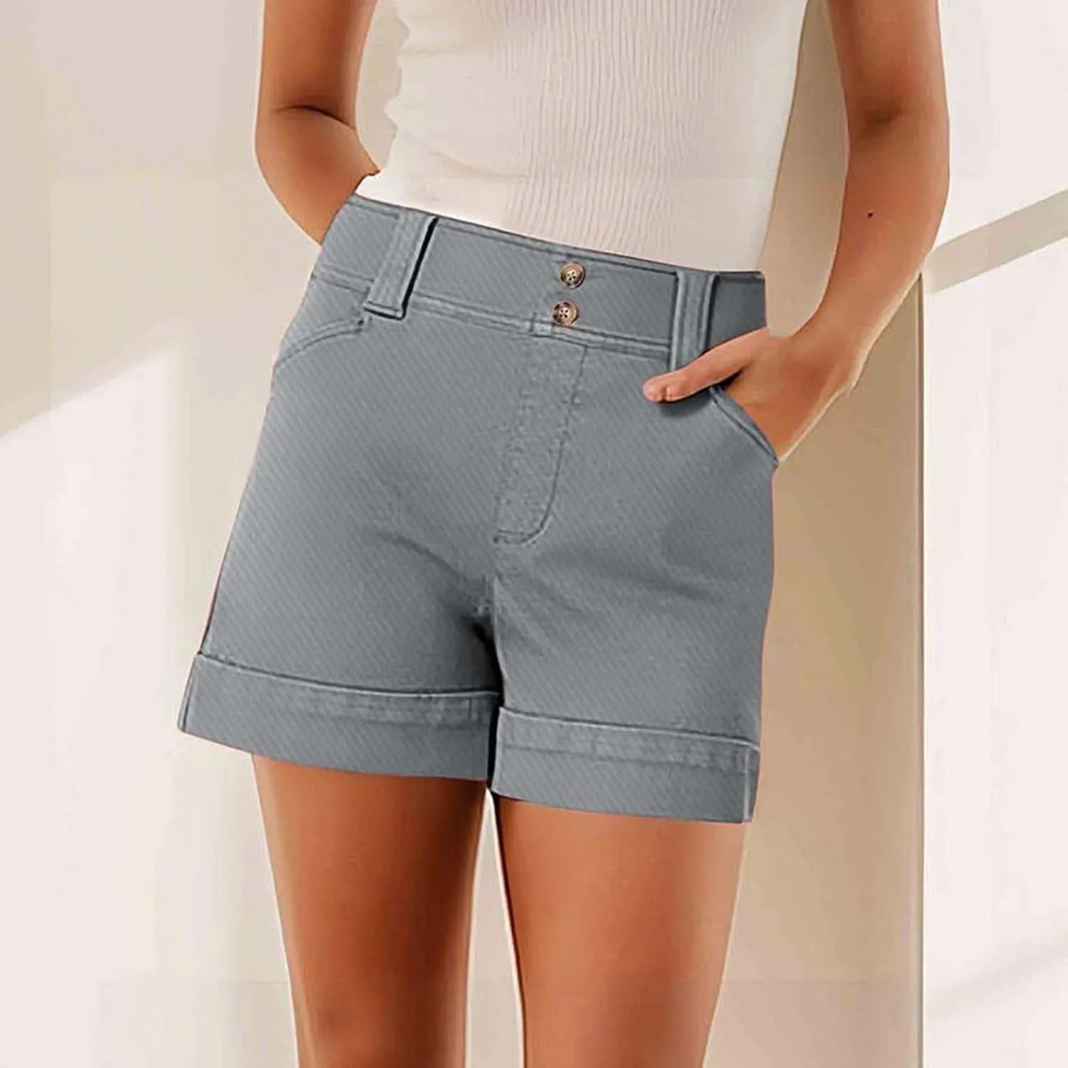 Women High Waisted Jean Shorts Stretchy Twill Denim Short for Women Folded Hem Chino Shorts Summer Jorts Plus Size