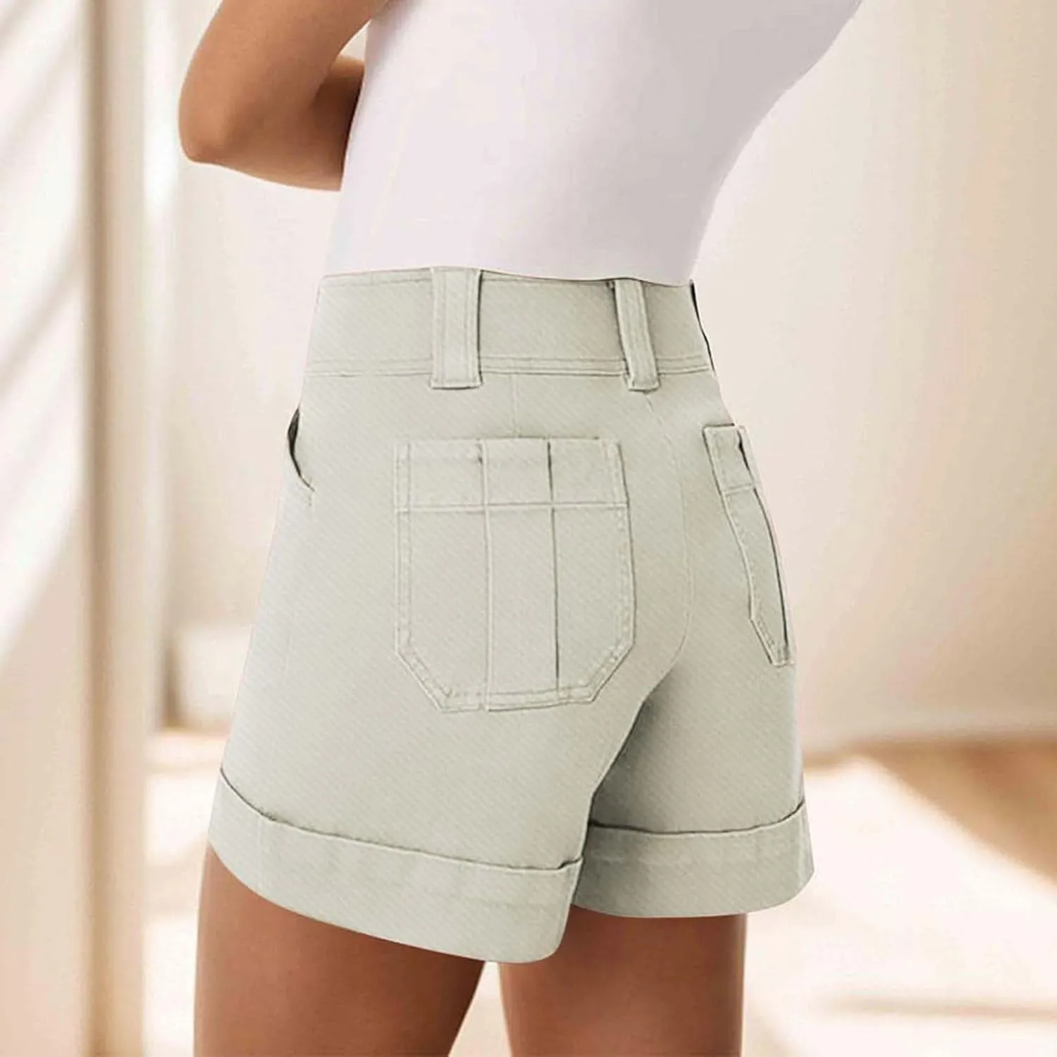 Women High Waisted Jean Shorts Stretchy Twill Denim Short for Women Folded Hem Chino Shorts Summer Jorts Plus Size