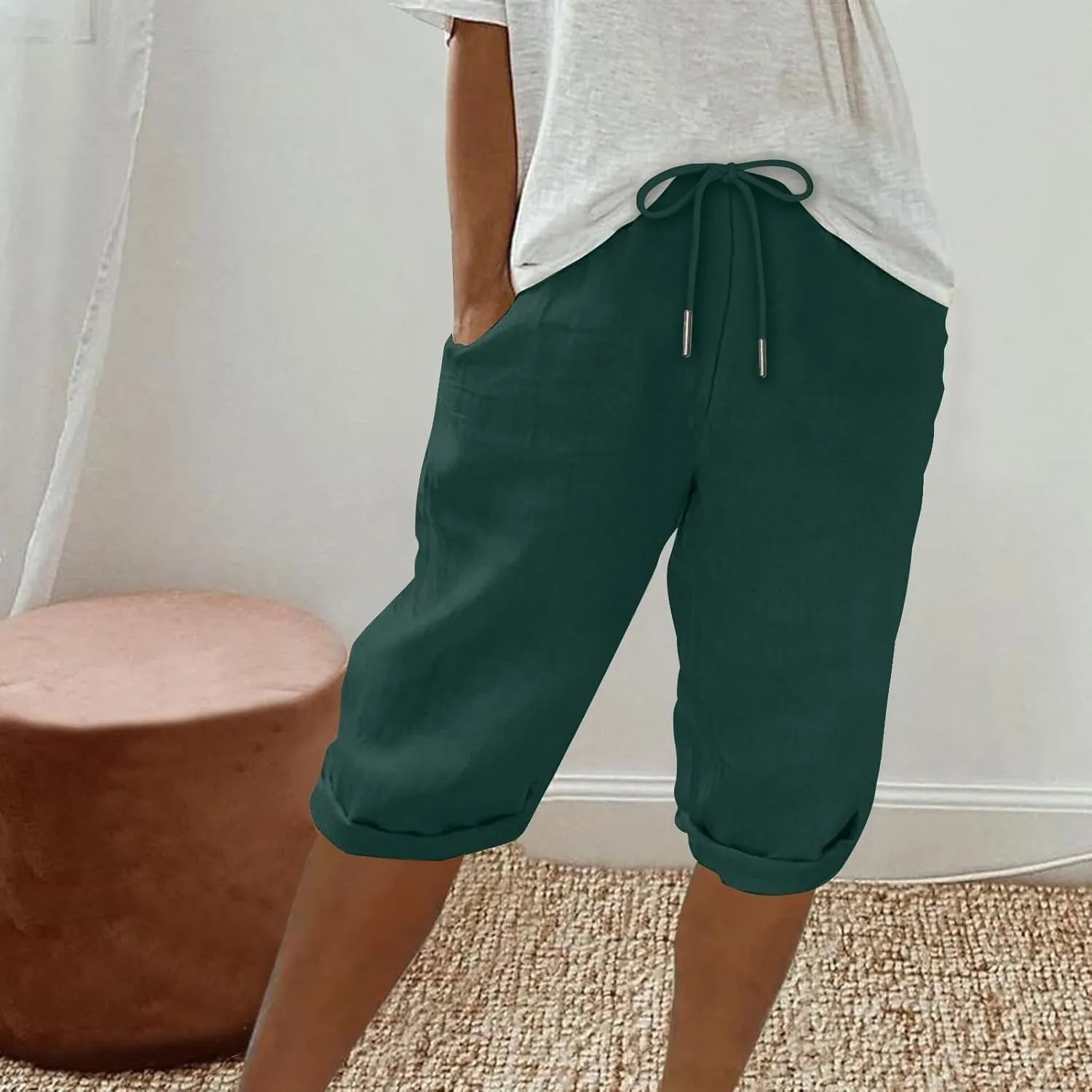 Women Linen Capri Pants Summer Drawstring Elastic Waisted Drawstring Shorts Ladies Casual Beach Pant with Pockets