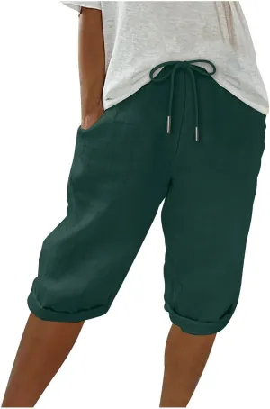 Women Linen Capri Pants Summer Drawstring Elastic Waisted Drawstring Shorts Ladies Casual Beach Pant with Pockets